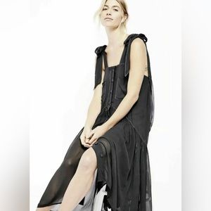 NEW FREE PEOPLE Womens Black Button Up Spaghetti Strap Below The Knee Fit